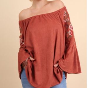 Umgee Off Shoulder Bell Sleeve Boho Top Faux Suede
